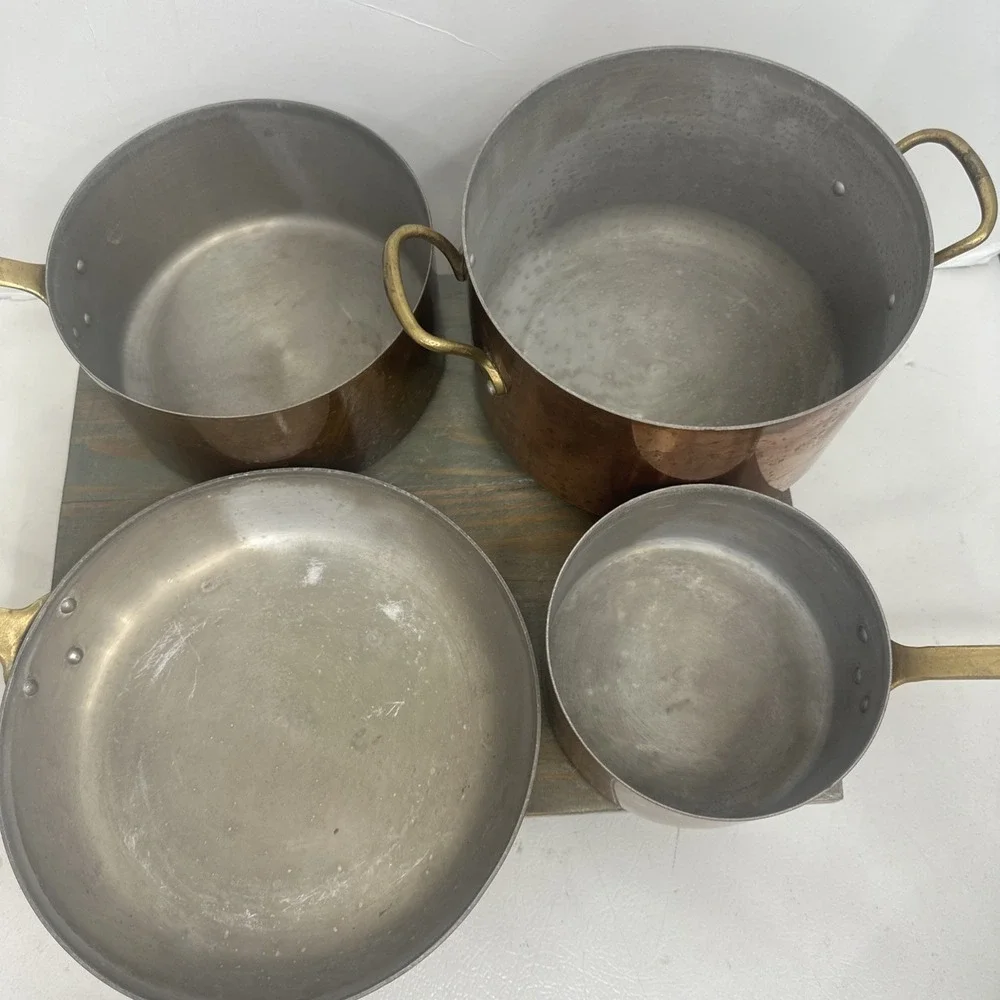 Vintage 4 Pc Set Graduating Copper Pot Brass Handles Tin Lined Made In France